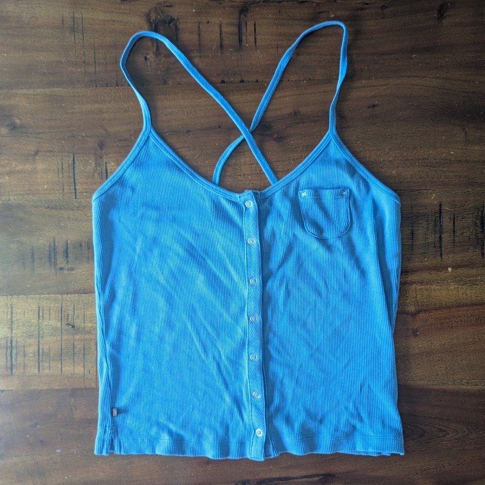 Vtg 90s Ralph Lauren‎ Tank Top Blue Ribbed Snap Front Cross Back Mini Pocket Lg
